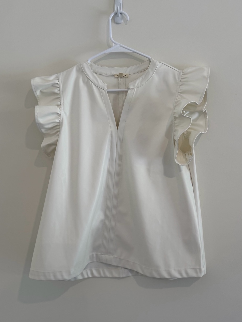 JODIFL Cream Ruffle Sleeve pleather V-Neck Blouse